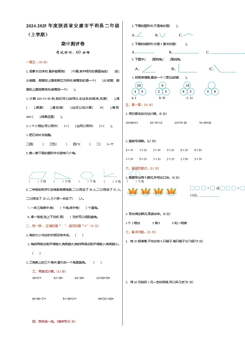 2024-2025年度陕西省安康市平利县二年级（上学期）期中测试卷第1页