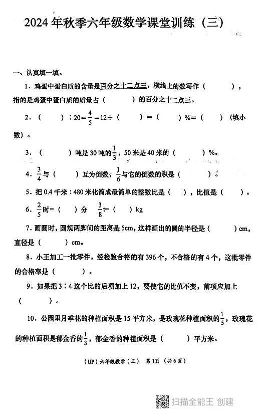 陕西省西安市长安区教育片区2024-2025学年六年级上学期第三次月考数学试卷第1页
