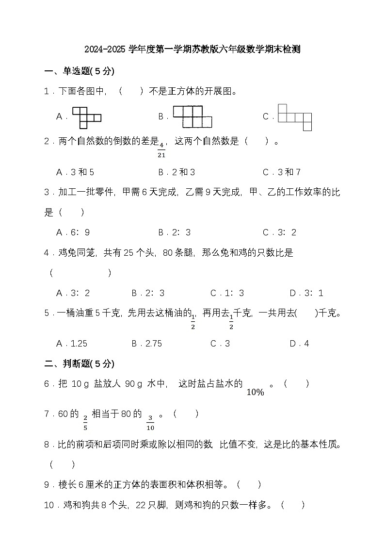 期末复习试题（试题）-2024-2025学年六年级上册数学 苏教版第1页