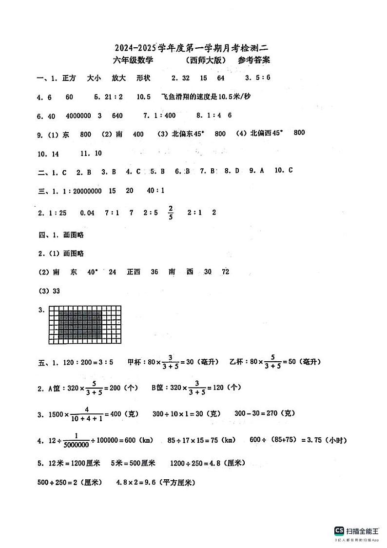 河南省周口市沈丘县沙北部分乡镇小学联考2024-2025学年上学期第二次月考六年级数学参考答案第1页