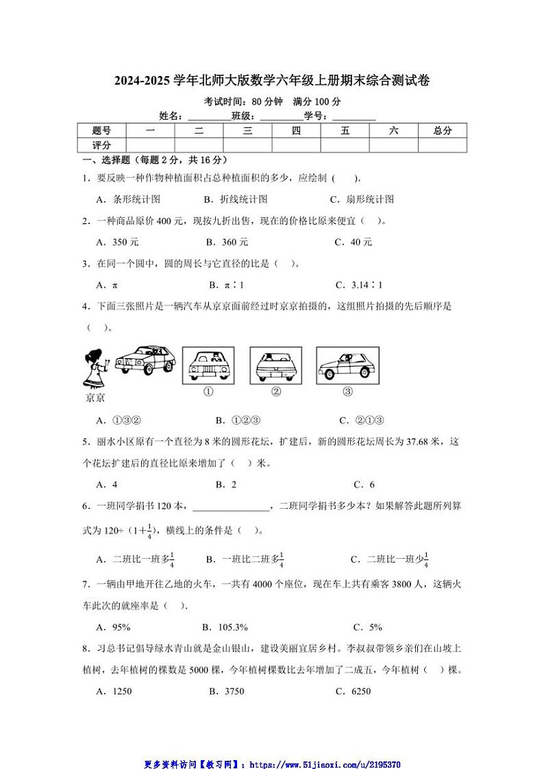 2024～2025学年北师大版数学六年级上册期末综合测试卷(含答案)第1页