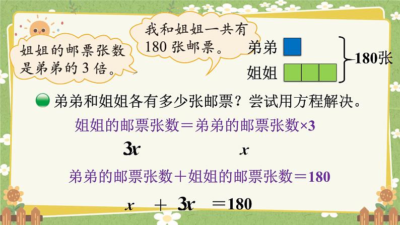 北师大版数学五年级下册 第七单元 用方程解决问题-第一课时 邮票的张数课件第4页