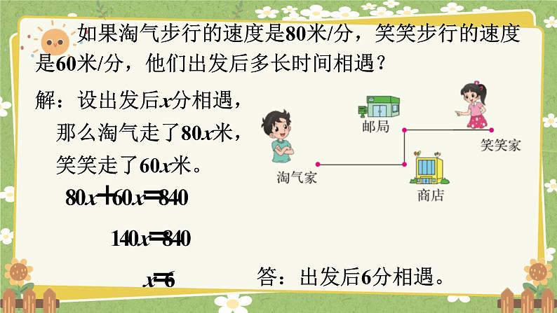 北师大版数学五年级下册 第七单元 用方程解决问题-第二课时 相遇问题课件第7页