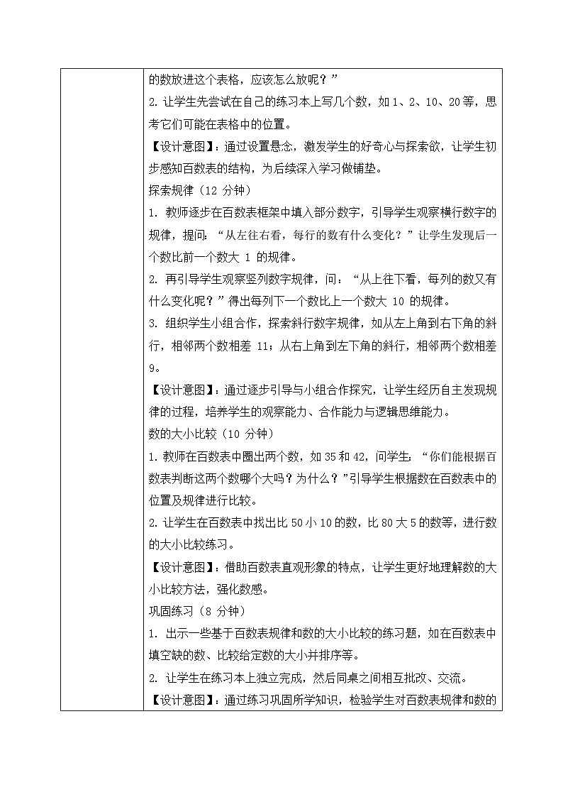 西师大版一年级下册 数学第三单元6《数的顺续-百数表》教学设计第2页