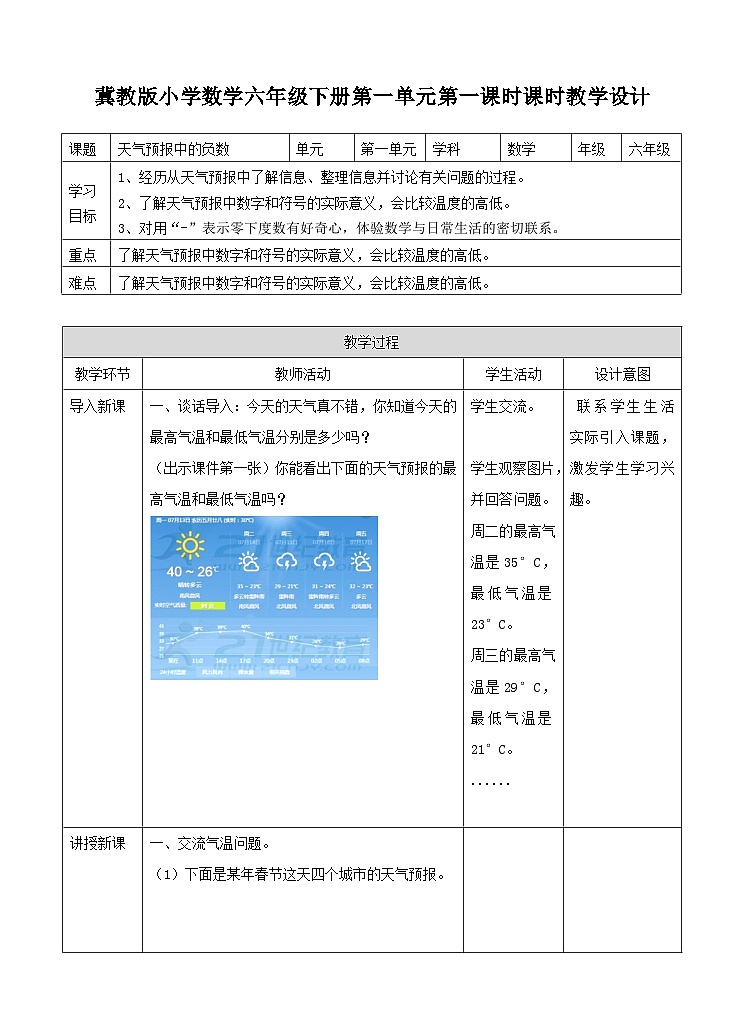 冀教版数学六年级下册1.1《天气预报中的负数》（教案）第1页