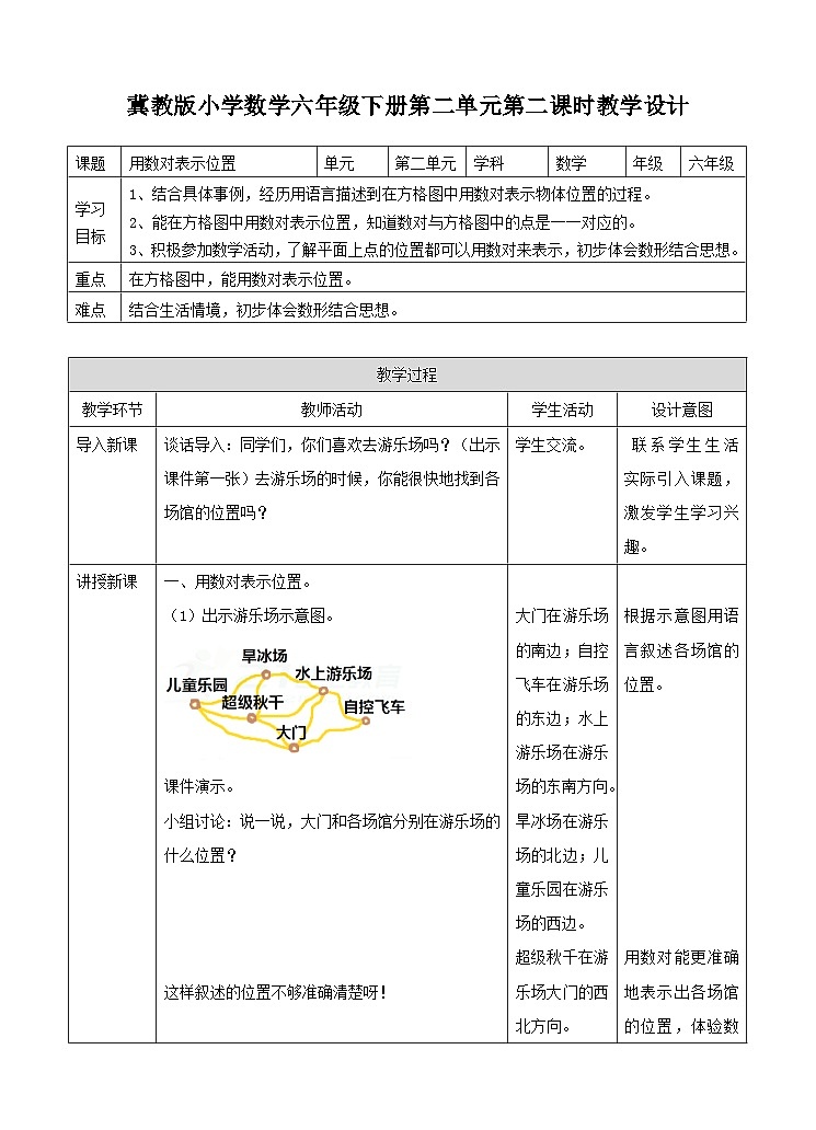 冀教版数学六年级下册2.2《 用数对表示位置》（教案）第1页