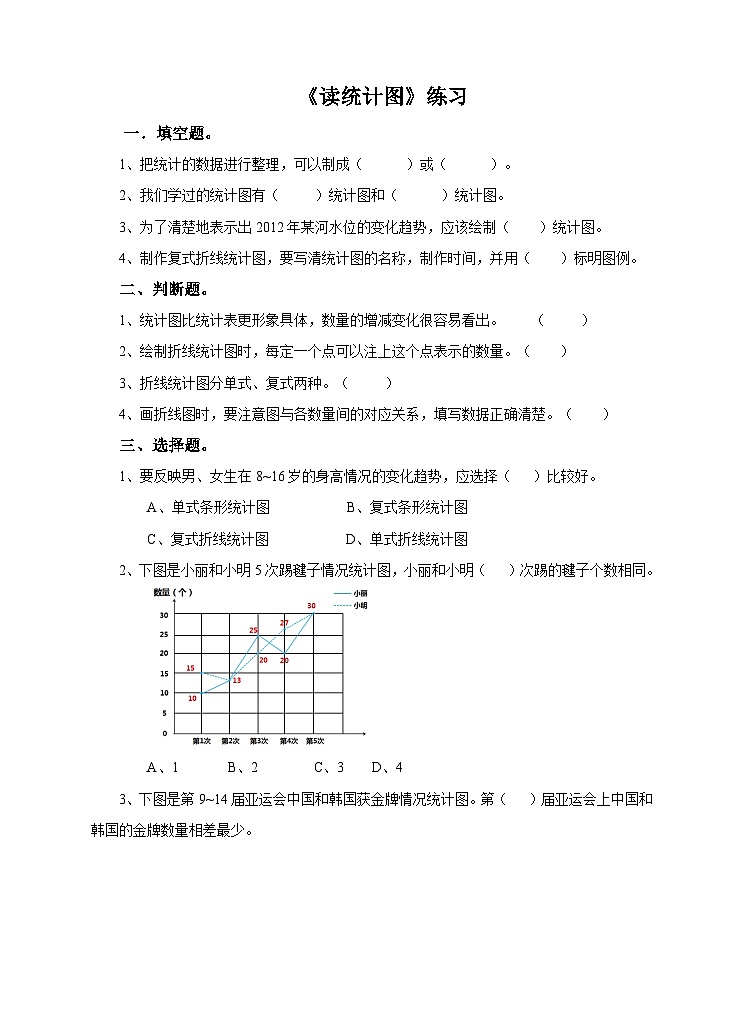 冀教版数学五年级下册7.4《 读统计图》（练习）第1页