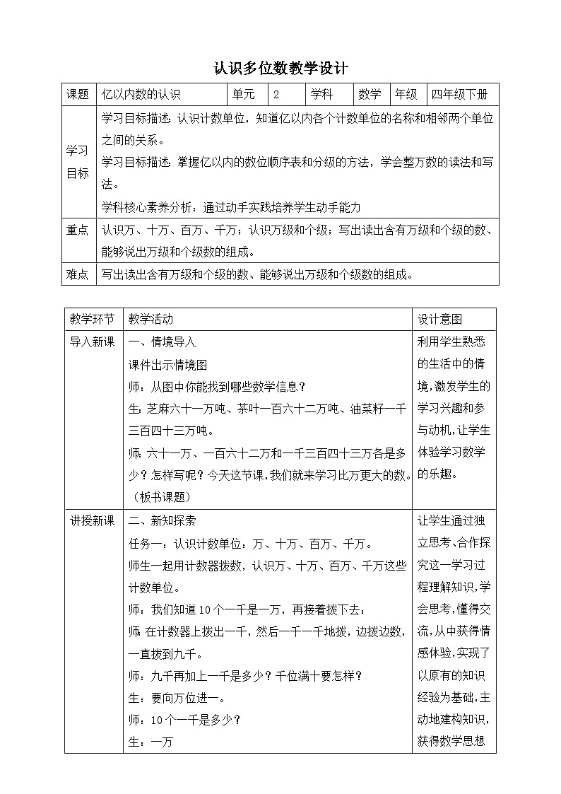 苏教版数学四年级下册2.1《亿以内数的认识（一）》教案第1页