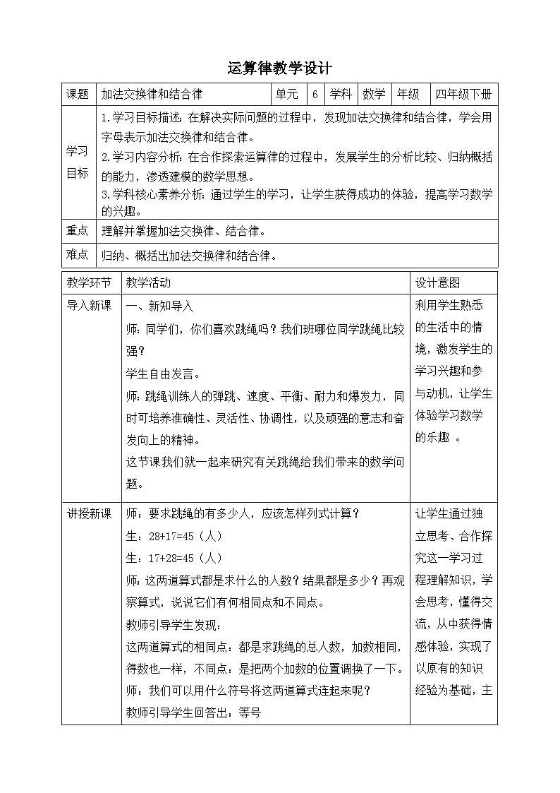 苏教版数学四年级下册6.1《加法交换律和结合律》教案第1页
