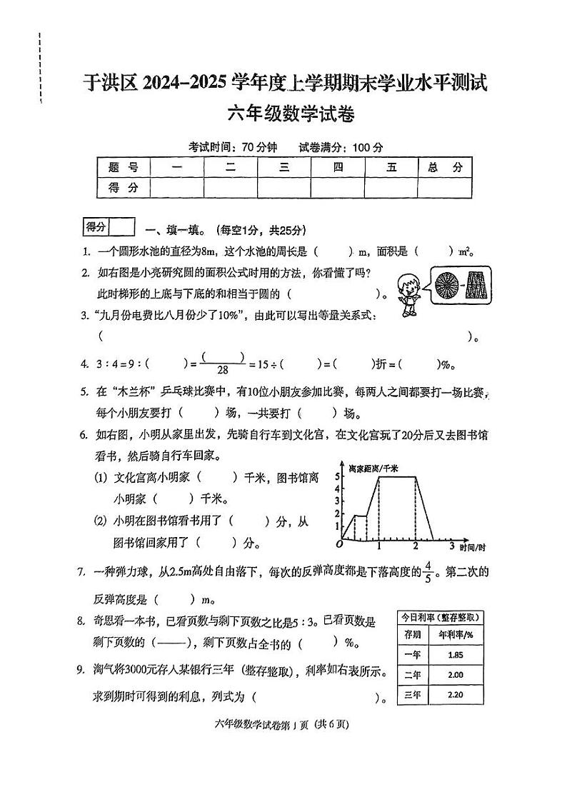 辽宁沈阳于洪区2024-2025学年六年级上学期期末考试数学试题第1页