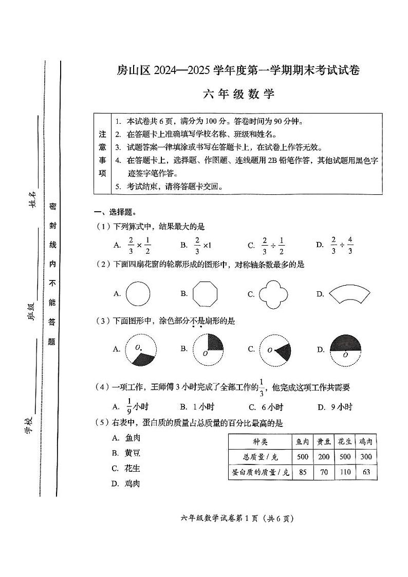 2025北京房山六年级（上）期末真题数学试卷第1页