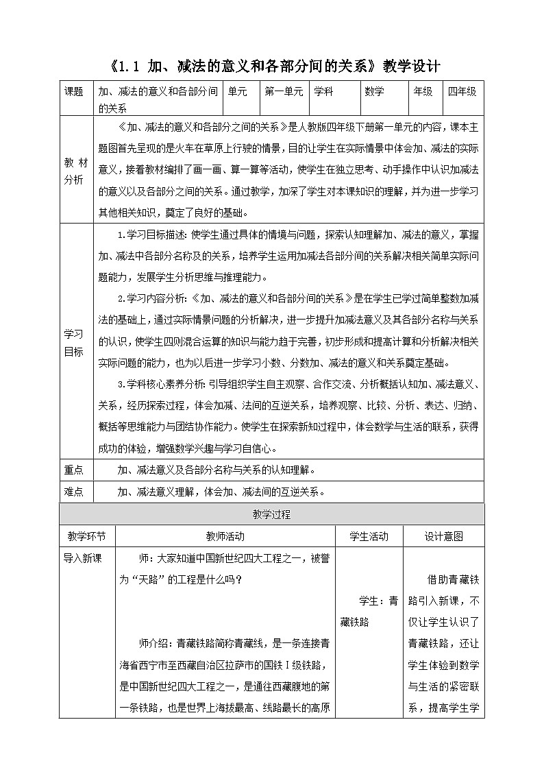 人教版四下1.1《加、减法的意义和各部分之间的关系》（教案）第1页