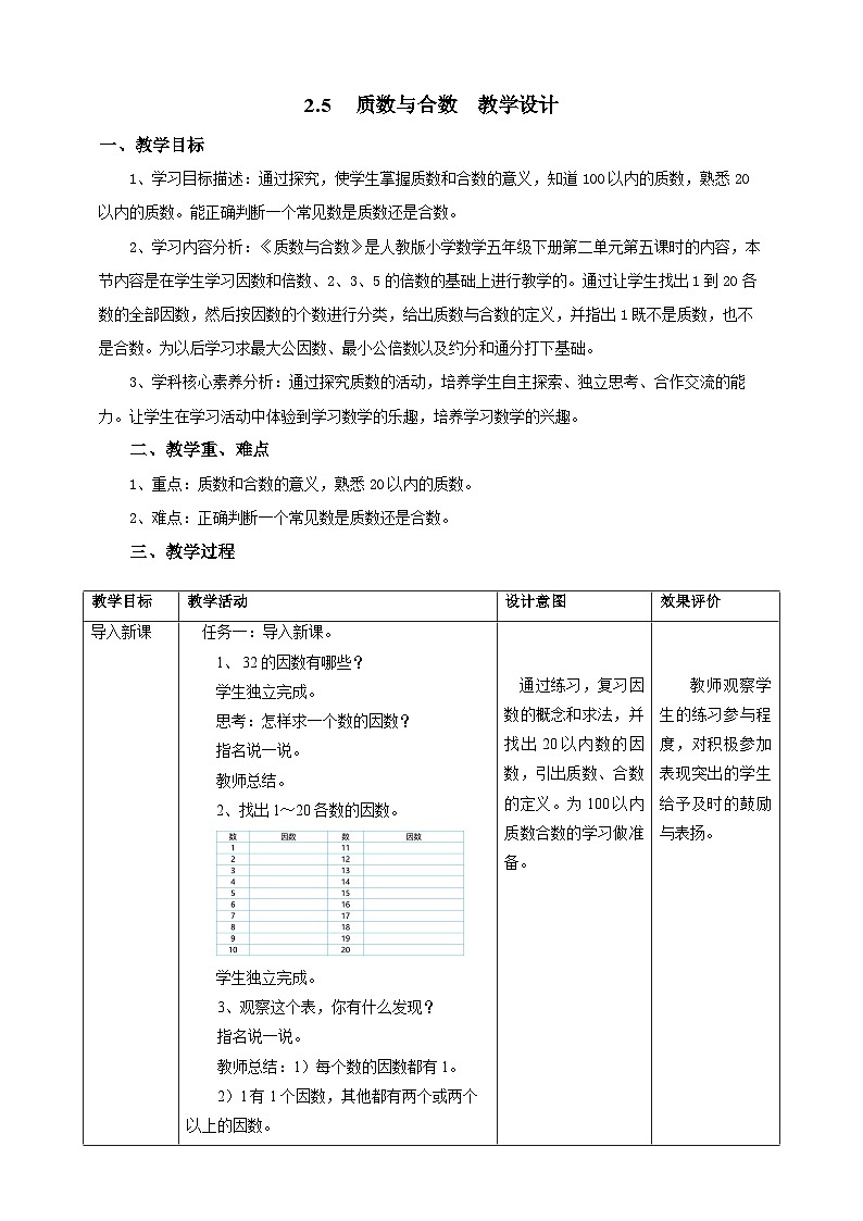人教版五下2.5《质数与合数》教案第1页