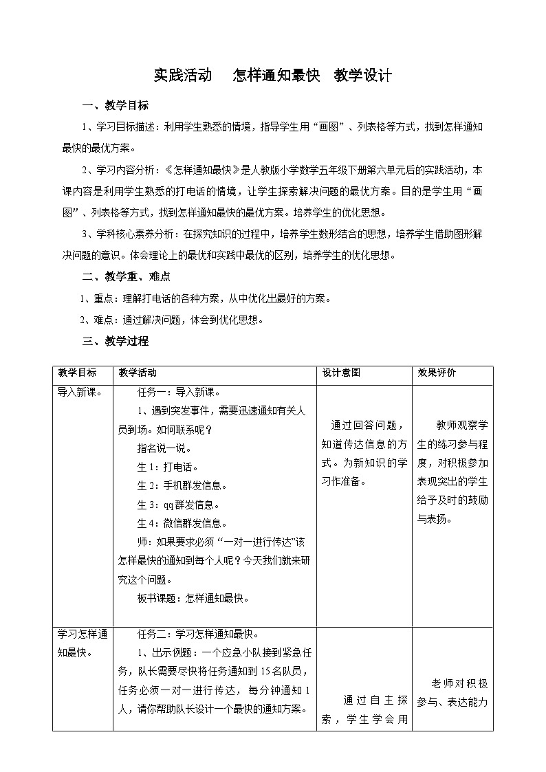 人教版五下6实践活动《怎样通知最快》教案第1页