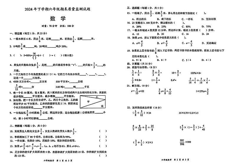 湖南省邵阳市洞口县2024-2025学年六年级上学期期末考试数学试题第1页
