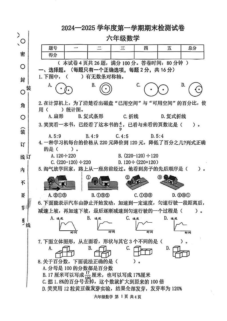 辽宁省辽宁省大连市甘井子区2024-2025学年六年级上学期期末数学考试第1页