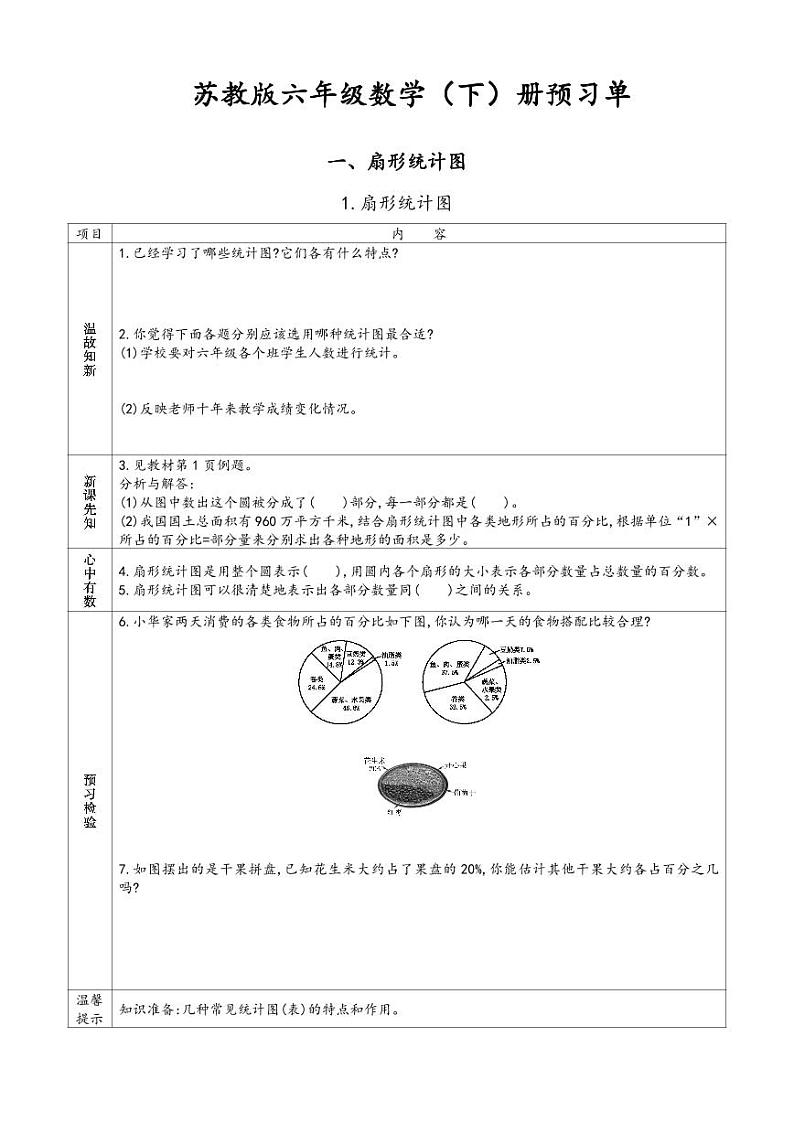 苏教版六年级下册小学数学 预习单第1页