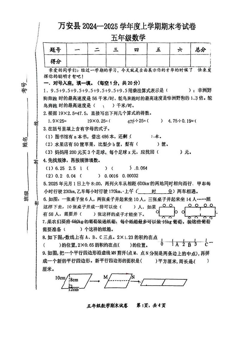 江西省吉安市万安县2024-2025学年五年级上学期期末考试数学试题第1页
