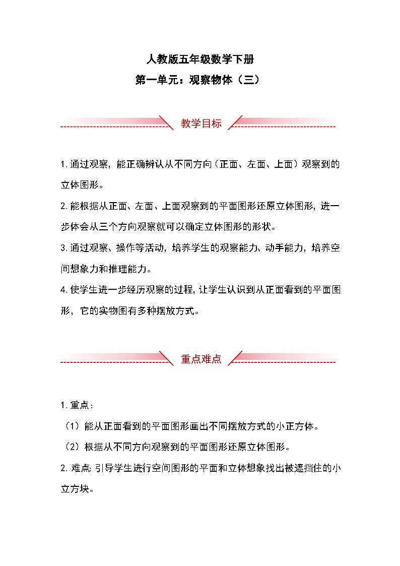 人教版小学数学五年级下册第一单元《观察物体（三）》知识清单第1页