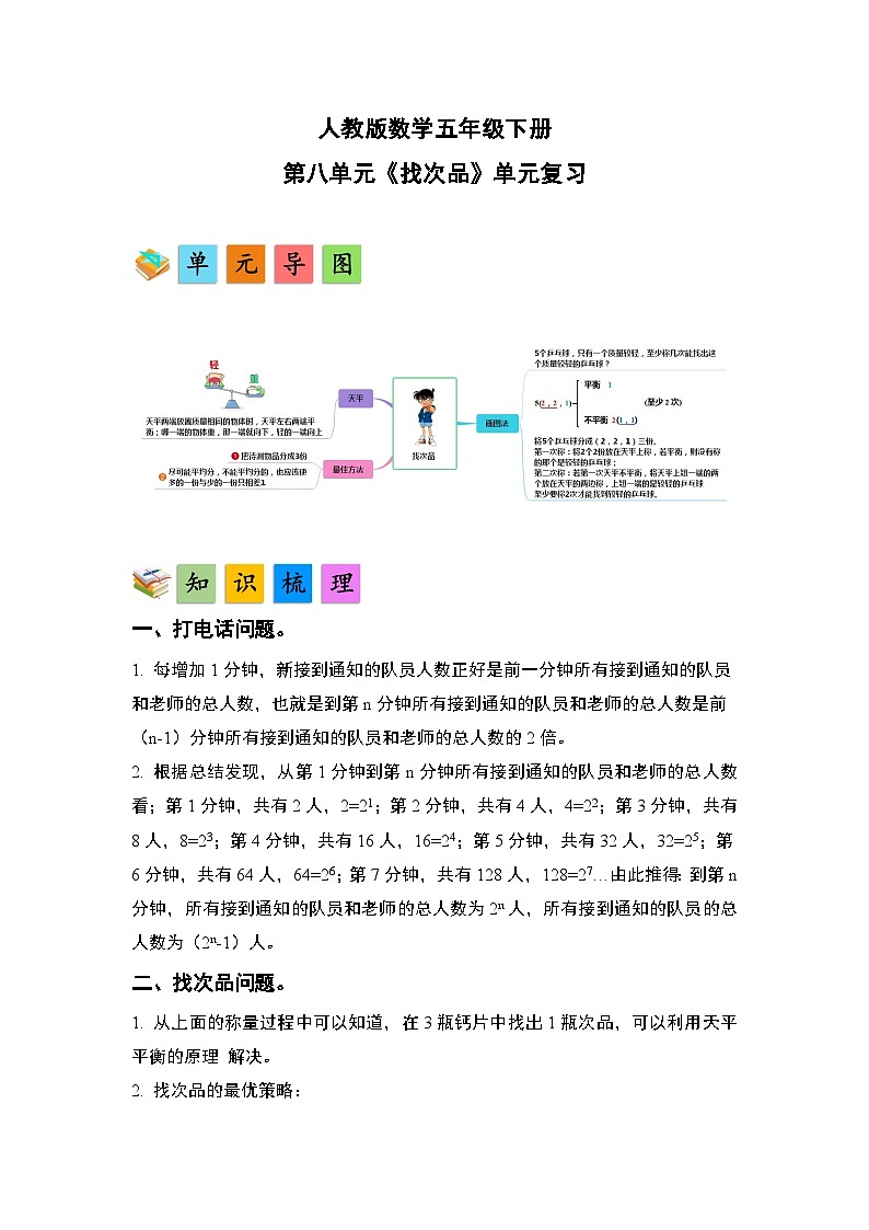 人教版数学五年级下册第八单元《找次品》单元复习讲义（解析版）第1页