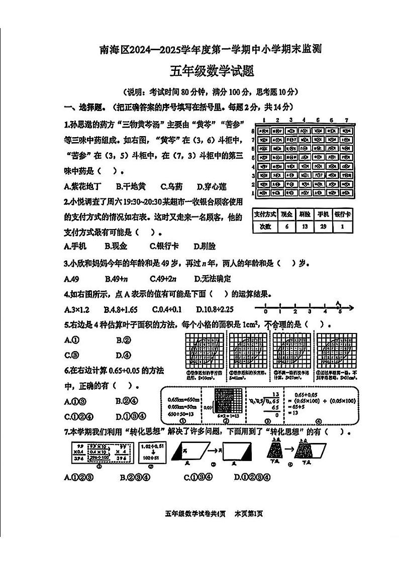 广东省佛山市南海区2024-2025学年五年级上学期期末数学试卷第1页