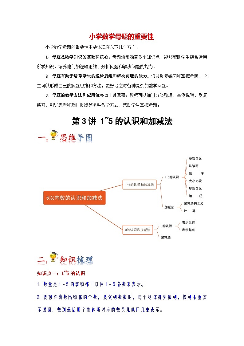 第3讲  1~5的认识和加减法（教师版）-【人教版】最新小学一年级上册数学母体精讲讲练第1页