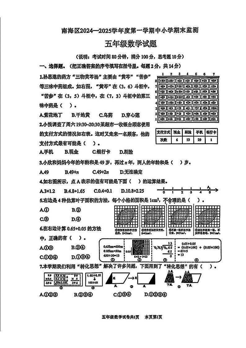 广东省佛山市南海区2024-2025学年五年级上学期期末数学试卷第1页