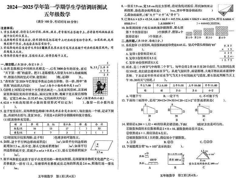 山西省忻州市忻府区2024-2025学年五年级上学期期末数学试卷第1页
