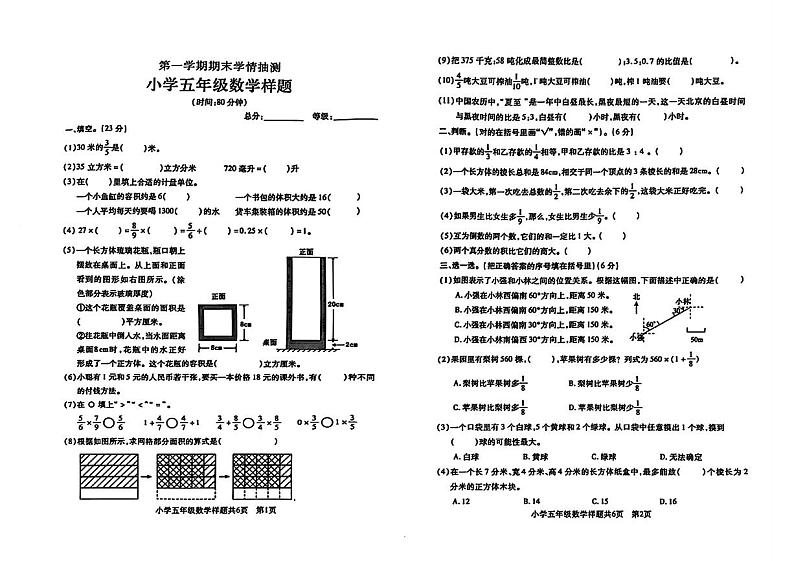 山东省泰安市泰山区2024-2025学年五年级上学期期末数学试题第1页