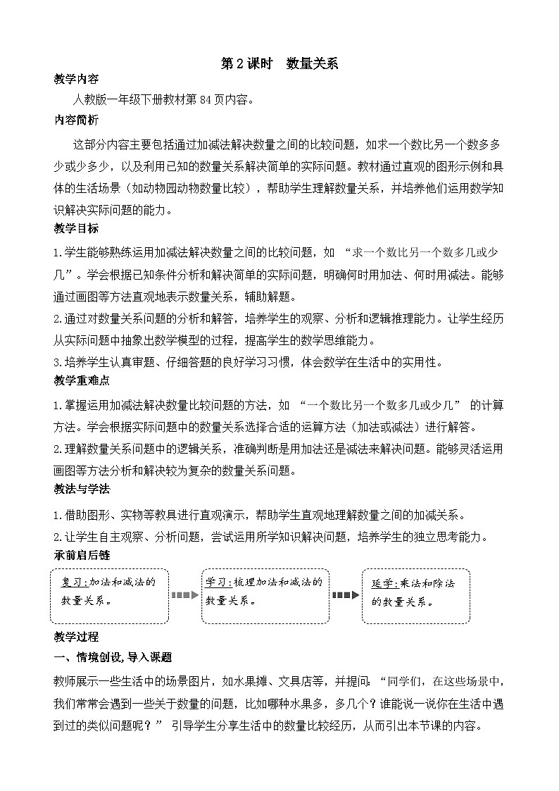 7.2 复习与关联 数量关系（教案）-2024-2025学年一年级下册数学人教版第1页
