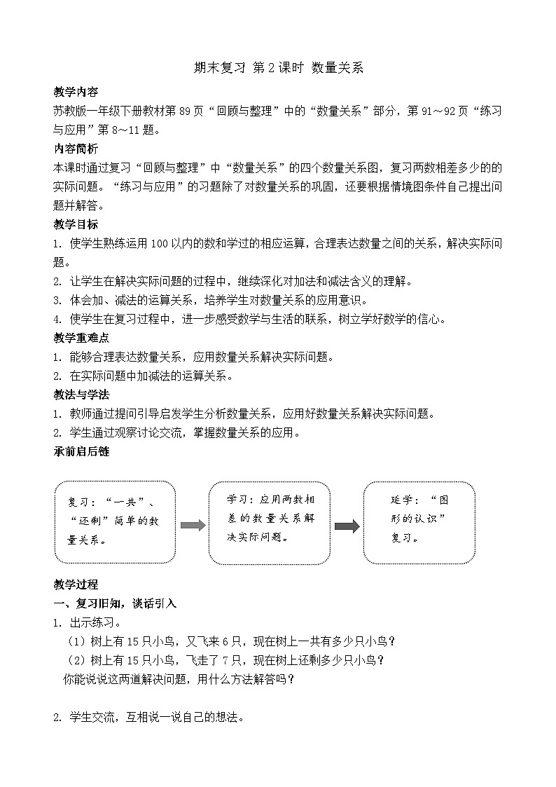 期末复习 数量关系（教案）-2024-2025学年一年级苏教版数学下册第1页
