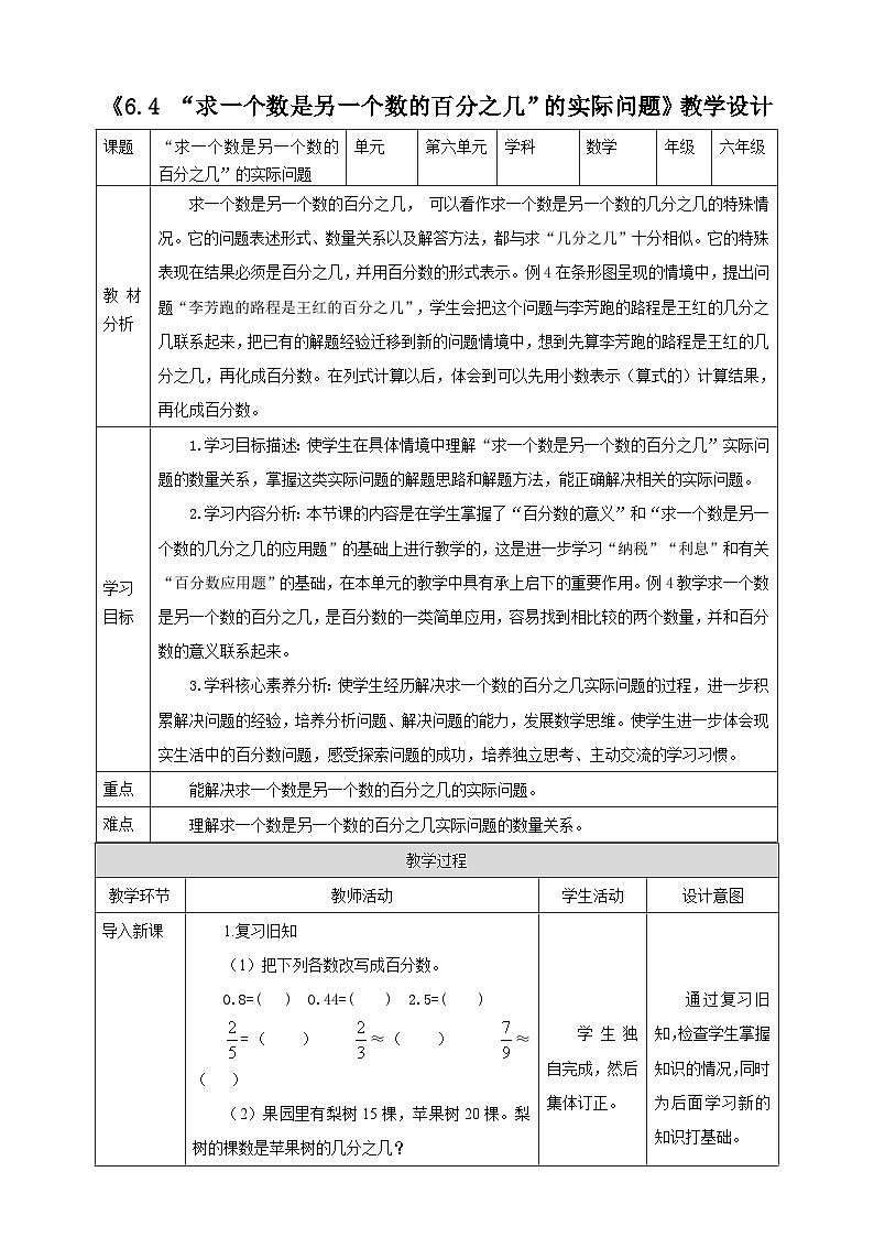《6.4 “求一个数是另一个数的百分之几”的实际问题》教学设计第1页
