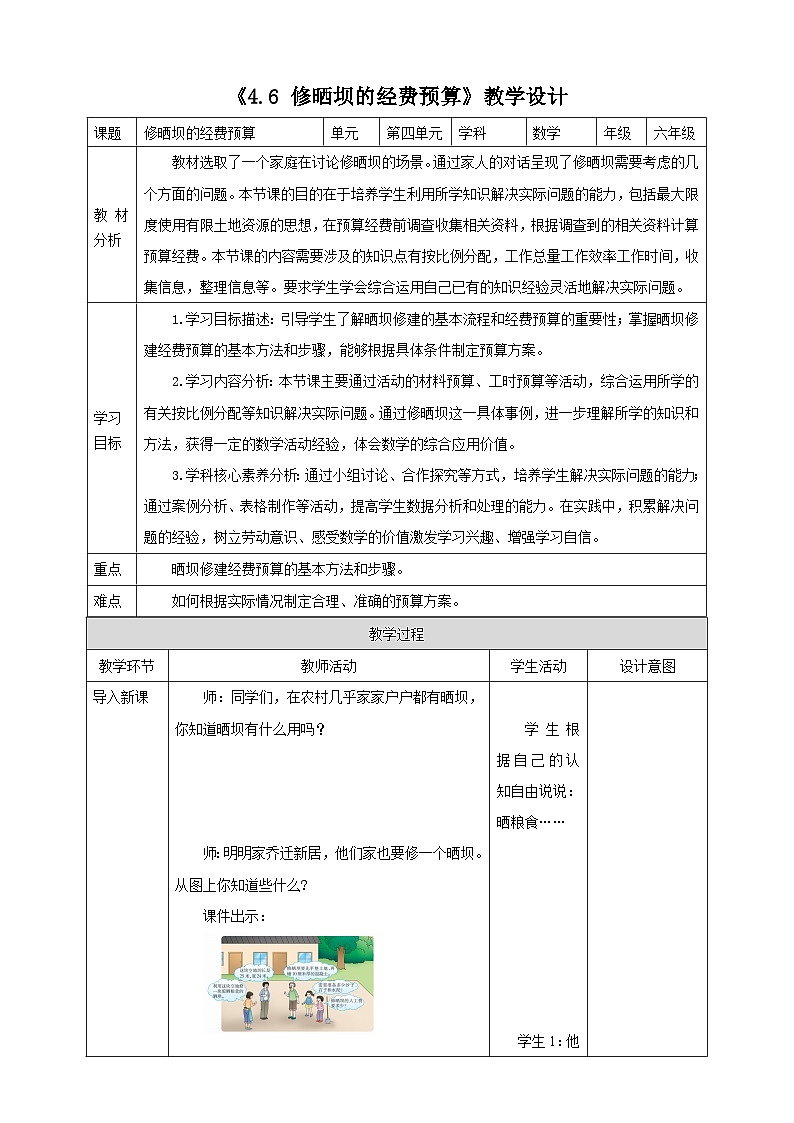 《4.6 修晒坝的经费预算》教学设计第1页