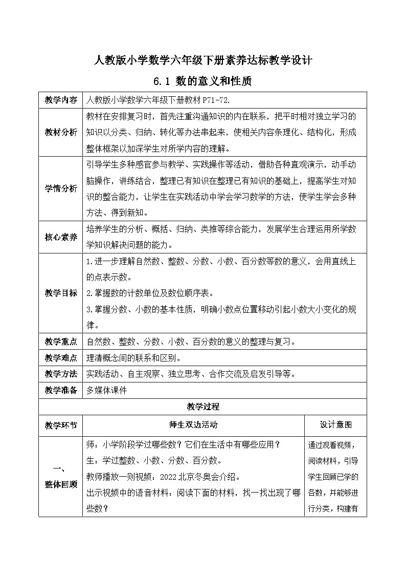 【备课无忧】人教版六年级下册-6.1 数的意义和性质（教学设计含反思）第1页