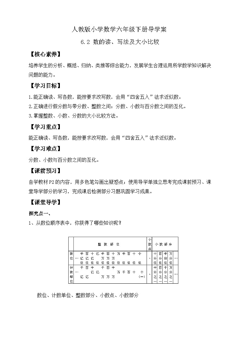 【备课无忧】人教版六年级下册-6.2 数的读、写法及大小比较（导学案含答案）第1页