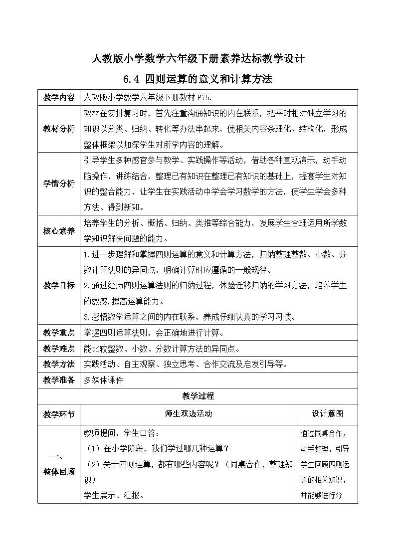 【备课无忧】人教版六年级下册-6.4 四则运算的意义和计算方法（教学设计含反思）第1页
