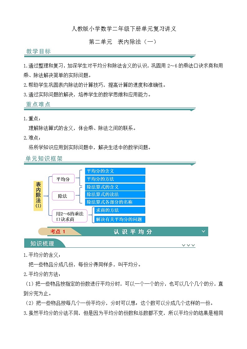 【备课无忧】人教版二下-第二单元《表内除法（一）》复习讲义第1页