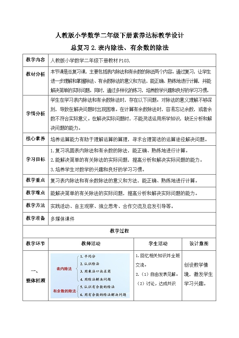 【备课无忧】人教版二下-总复习2. 表内除法、有余数的除法（教学设计含反思）第1页