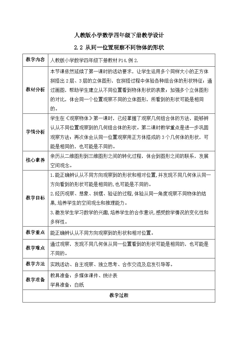 【备课无忧】人教版四下-2.2 从同一位置观察不同物体的形状（教学设计含反思）第1页