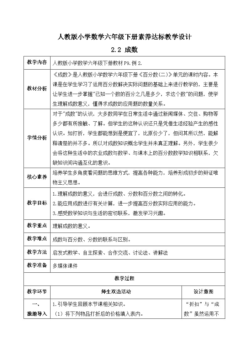 【备课无忧】人教版六年级下册-2.2 成数（教学设计含反思）第1页