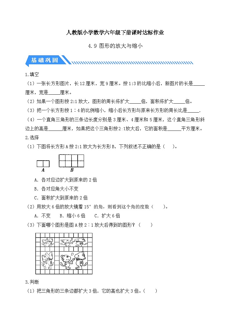 【备课无忧】人教版六年级下册-4.9 图形的放大与缩小（分层作业有答案）第1页