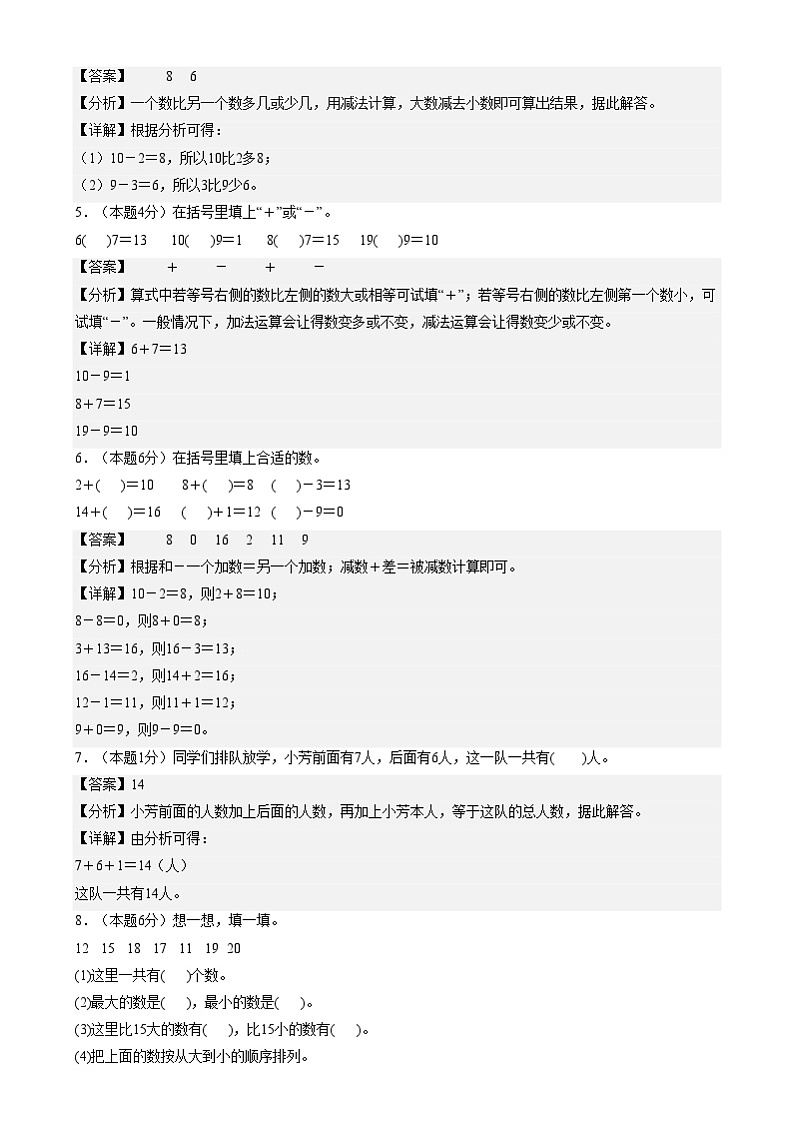 【开学摸底考】人教版2024-2025学年一年级数学下册春季开学摸底考卷（解析版）第3页