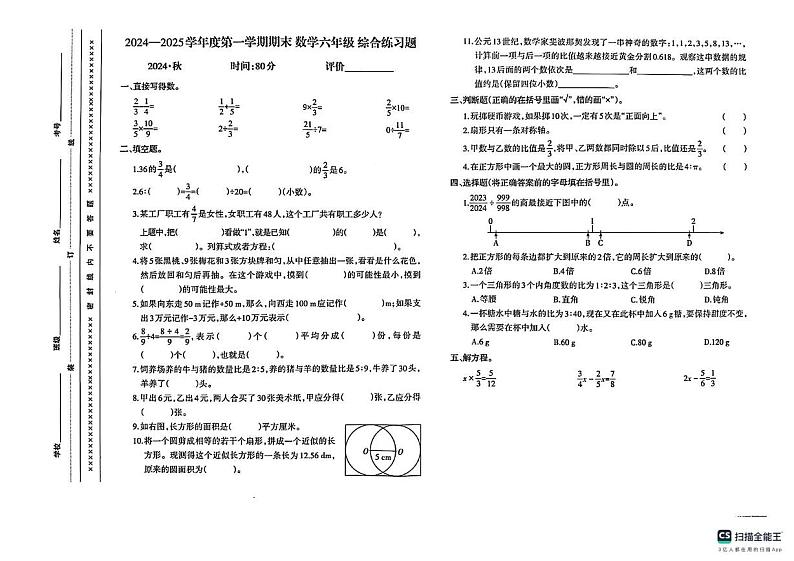 重庆市沙坪坝区2024-2025学年六年级上学期期末考试数学试题第1页