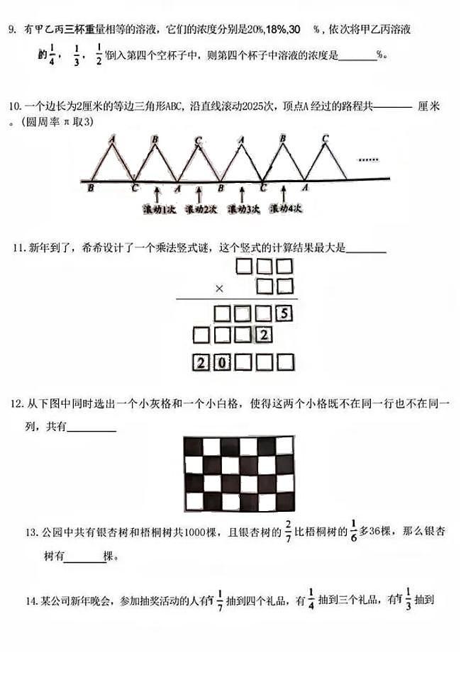 江苏省南京市2024-2025学年六年级1月希望杯数学竞赛试题第2页
