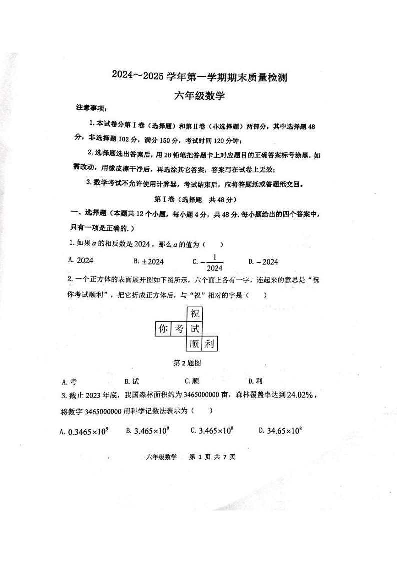 山东省泰安市东平县2024-2025学年六年级上学期期末考试数学试题第1页