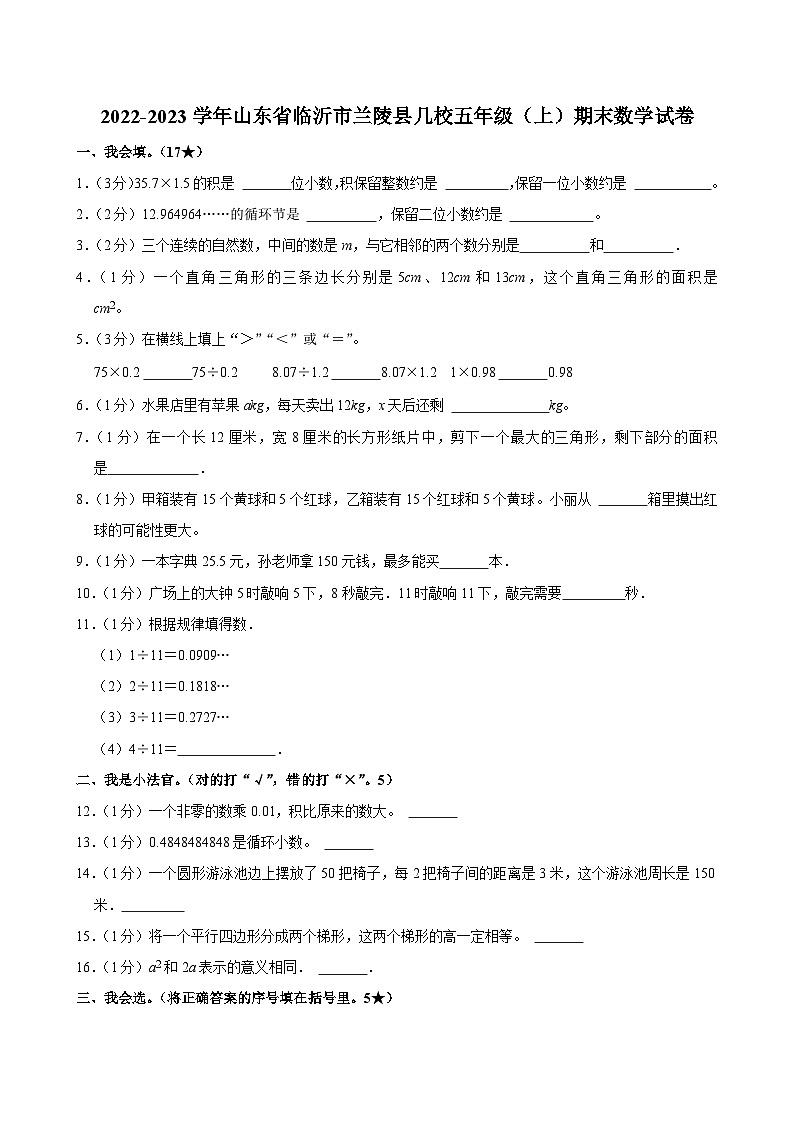 2022-2023学年山东省临沂市兰陵县几校五年级（上）期末数学试卷第1页