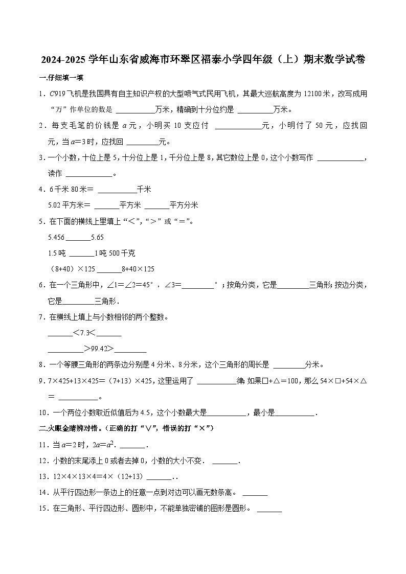 2024-2025学年山东省威海市环翠区福泰小学四年级（上）期末数学试卷第1页