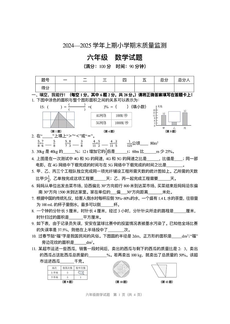 重庆市两江新区2024-2025学年六年级上学期期末数学试题第1页