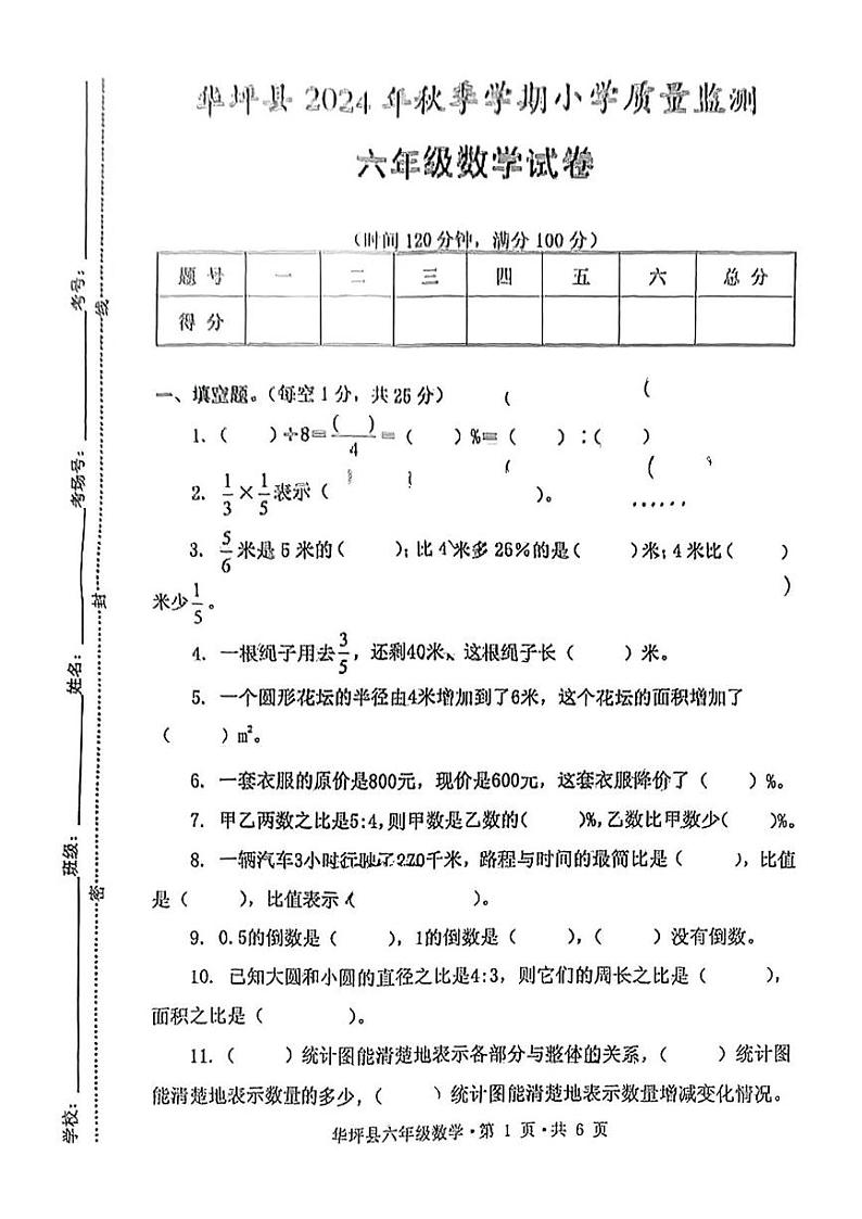 云南省丽江市华坪县2024-2025学年六年级上学期期末数学试卷第1页