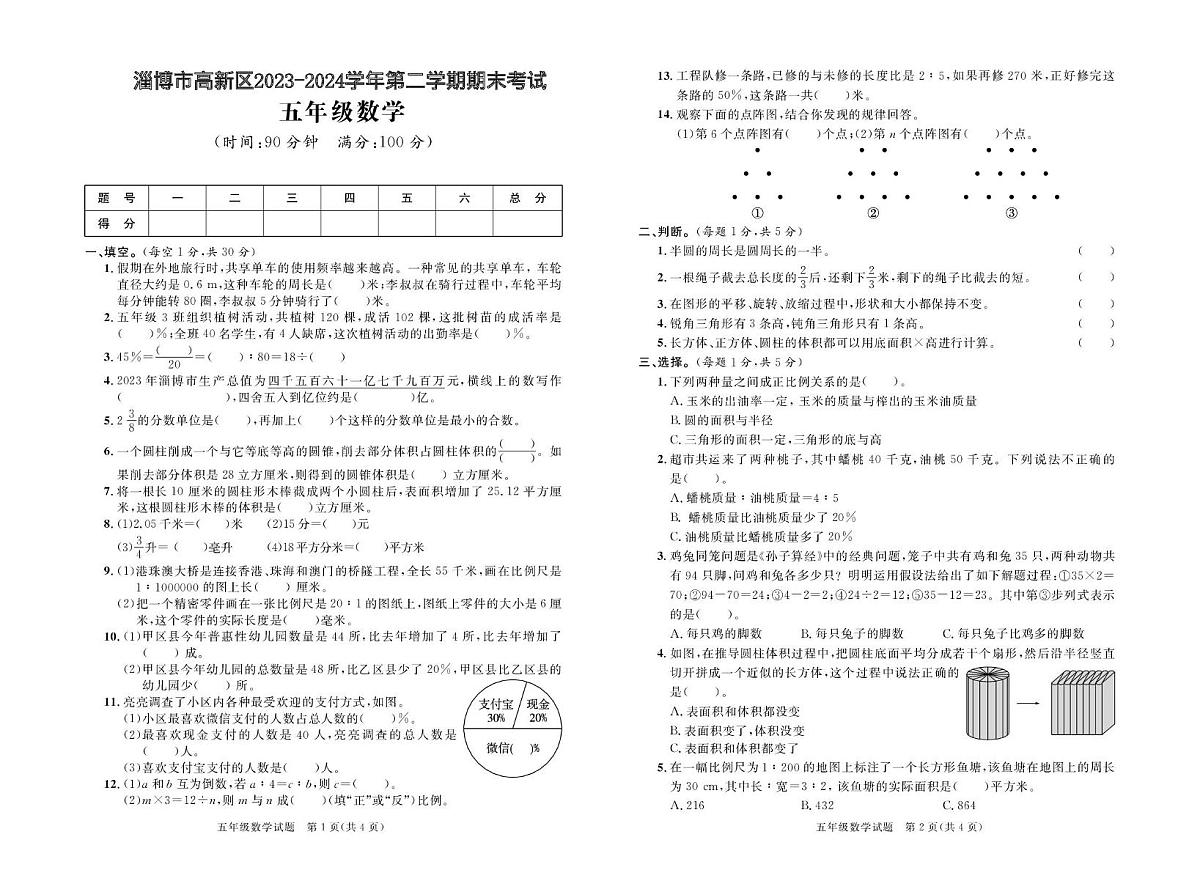 山东省淄博市高新区2023-2024学年五年级下学期期末考试数学试题第1页